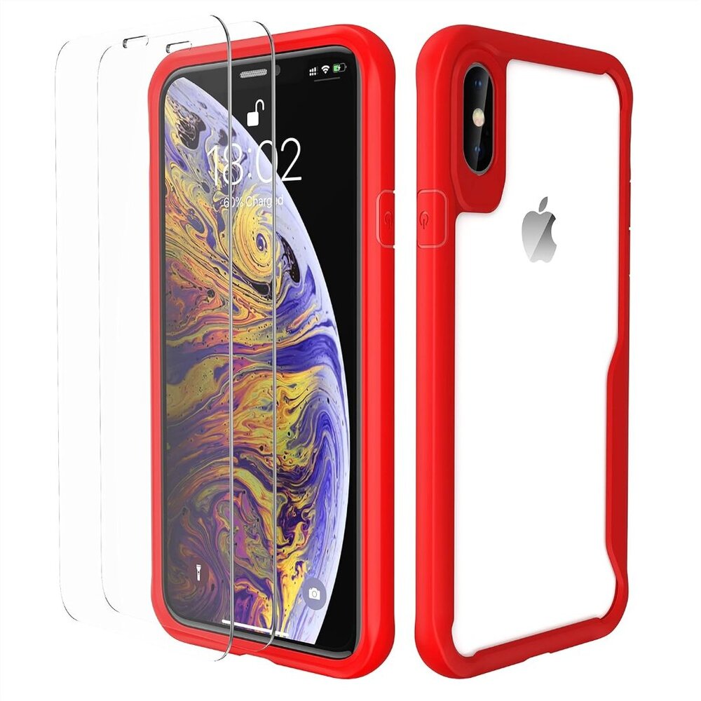 case for iPhone X/XS with 2 Tempered Glass Screen Protectors red and clear